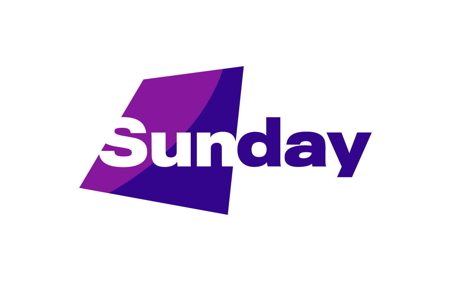 Logo firmy z napisem Sunday na tle fioletowego, geometrycznego kształtu.