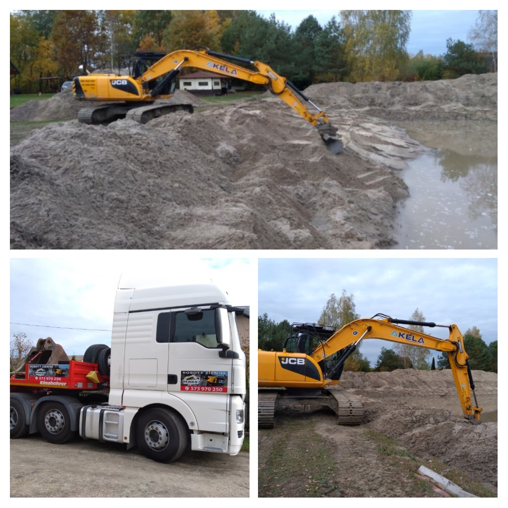 Żółta koparka JCB z łyżką na zboczu piaszczystego wykopu, obok zbiornik wodny, w tle drzewa; ciężarówka MAN z naczepą i koparką na lawecie, z logo firmy 'Roboty Ziemne' i numerem telefonu.