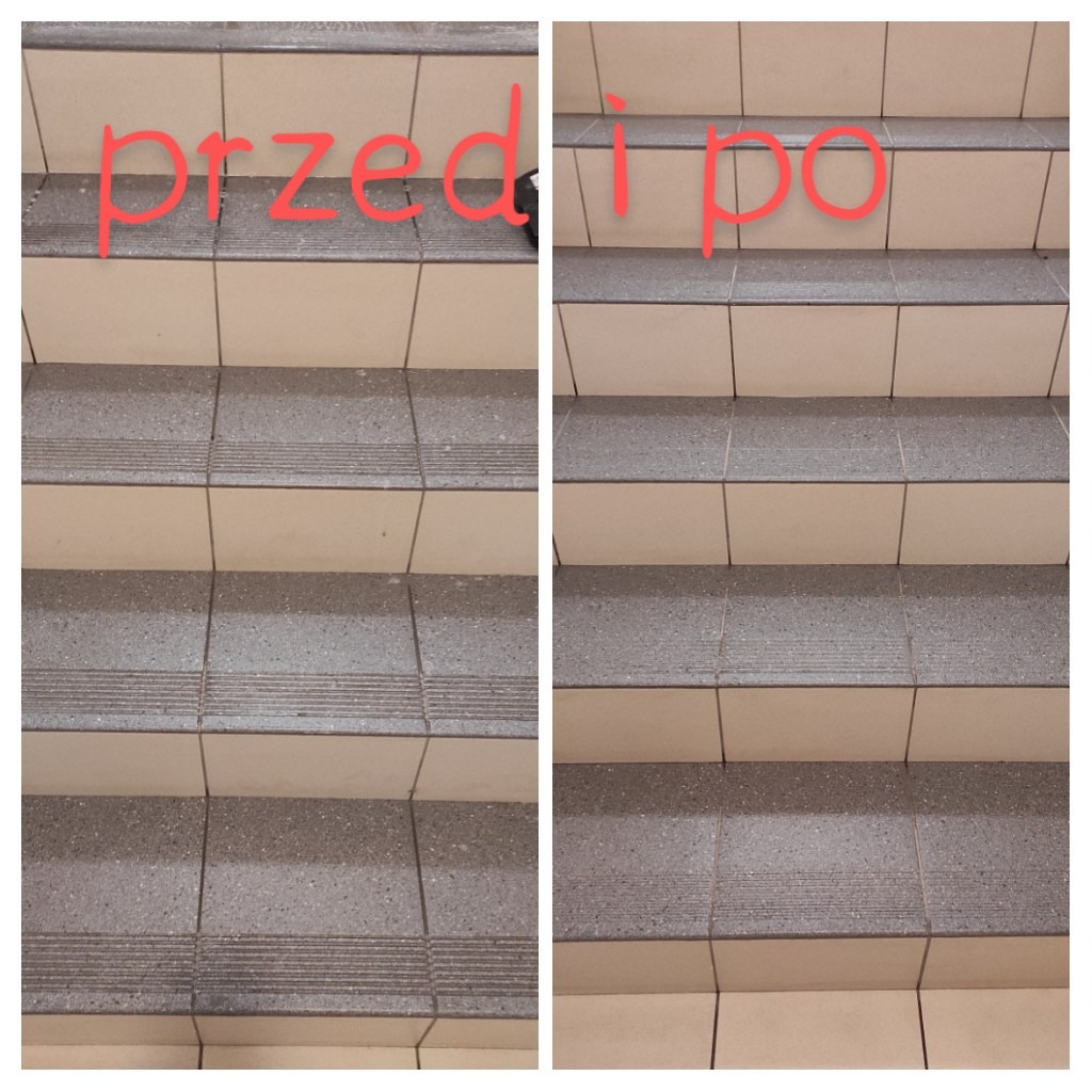 Porównanie stanu schodów wyłożonych płytkami, po lewej stronie widoczne zabrudzenia i plamy, po prawej czyste i odświeżone po czyszczeniu.