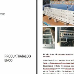 Katalog firmy ENCO Schalungssysteme prezentujący systemy szalunkowe: metalowe konstrukcje z otworami, ułożone w stosy i w rzędach, z detalami mocowań i przekrojów.