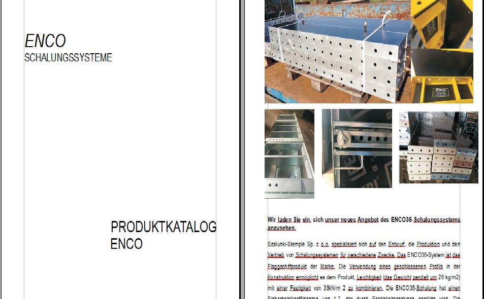 Katalog firmy ENCO Schalungssysteme prezentujący systemy szalunkowe: metalowe konstrukcje z otworami, ułożone w stosy i w rzędach, z detalami mocowań i przekrojów.