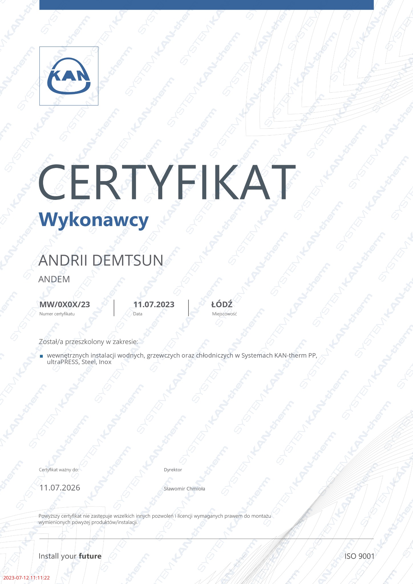 Certyfikat wykonawcy firmy Andriii Demtsun, ANDEM, potwierdzający przeszkolenie w zakresie wewnętrznych instalacji wodnych, grzewczych i chłodniczych w systemach KAN-therm PP, ultraPRESS, Steel...