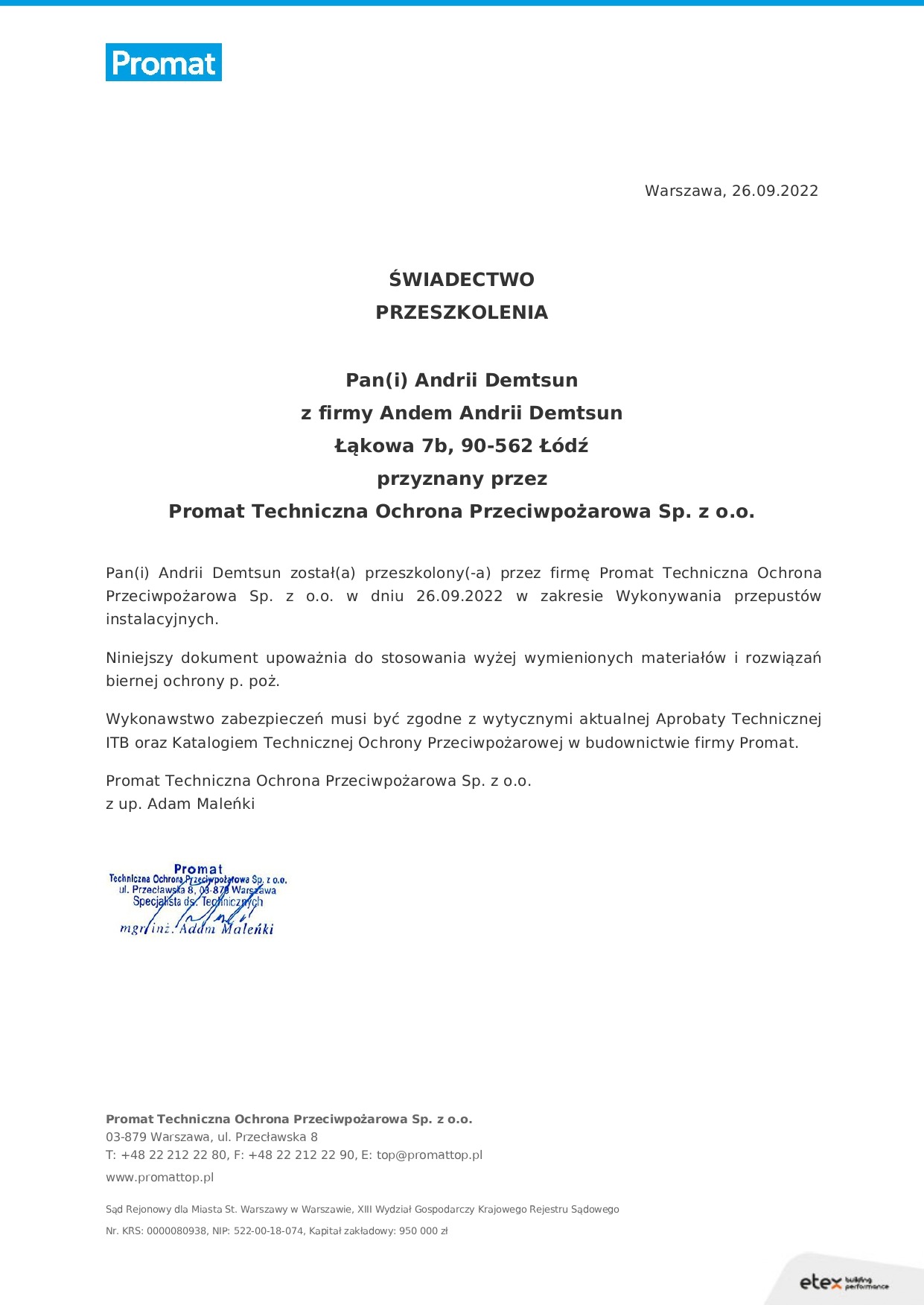 Skan świadectwa przeszkolenia wydanego przez Promat Techniczna Ochrona Przeciwpożarowa Sp. z o.o. dla Andrii Demtsun w zakresie wykonywania przepustów instalacyjnych, z datą 26.09.2022.