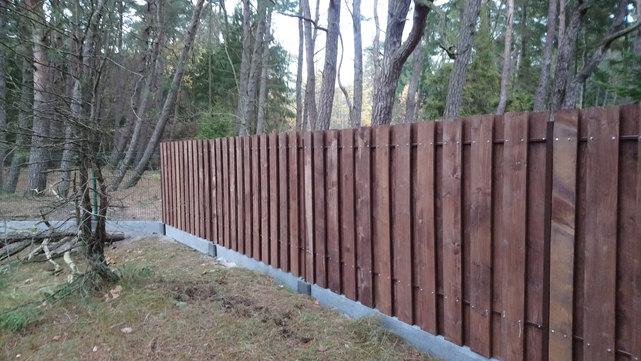 Długi, brązowy płot z pionowych desek, zamontowany na betonowej podmurówce, widoczny na tle drzew i leśnego krajobrazu w pochmurny dzień.