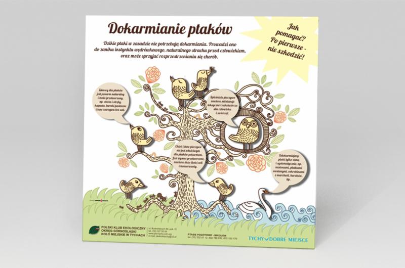 Ilustracja informacyjna o dokarmianiu ptaków z rysunkami ptaków, drzewa i rzeki, promowana przez Polski Klub Ekologiczny z Tychów.