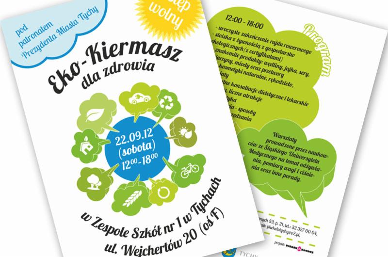 Ulotka reklamowa Eko-Kiermaszu dla zdrowia, z datą 22.09.12 (sobota), godzinami 12:00-18:00, listą atrakcji i informacjami o warsztatach, pod patronatem Prezydenta Miasta Tychy.