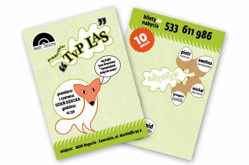 Dwa bilety na przedstawienie teatralne 'TVP Las', z ilustracją lisa, datą premiery 1 czerwca i informacją o aktorach oraz numerem telefonu do nabycia biletów.