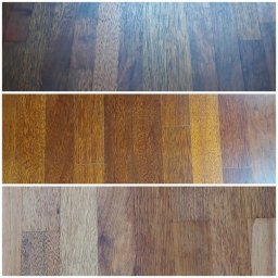 PiASA Przemysław Piaseczny - Trzy fragmenty drewnianej podłogi ukazujące różne etapy renowacji: od ciemnej, zniszczonej powierzchni, poprzez odświeżoną, błyszczącą, aż po surowe, jasne drewno po obróbce.