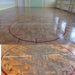PiASA Przemysław Piaseczny - Zdjęcie parkietu w hali sportowej przed i po renowacji. Widoczne linie boiska. Górna część pokazuje odnowioną podłogę, dolna zniszczoną.