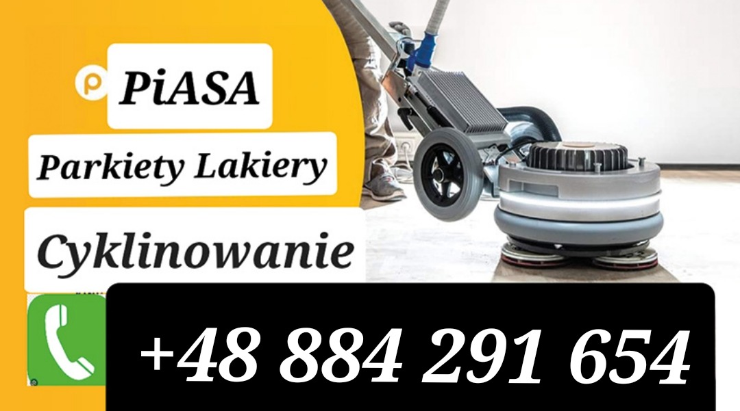 Grafika reklamowa firmy PiASA prezentująca urządzenie do renowacji parkietów, z widocznym logo, nazwą usług i numerem telefonu.