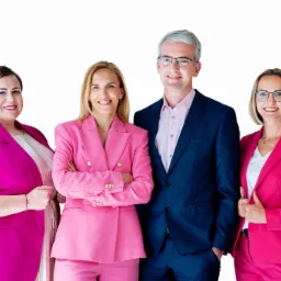 Grupa czterech uśmiechniętych osób w eleganckich strojach biznesowych: trzy kobiety w różowych garniturach i mężczyzna w granatowym garniturze, stojących na jasnym tle.
