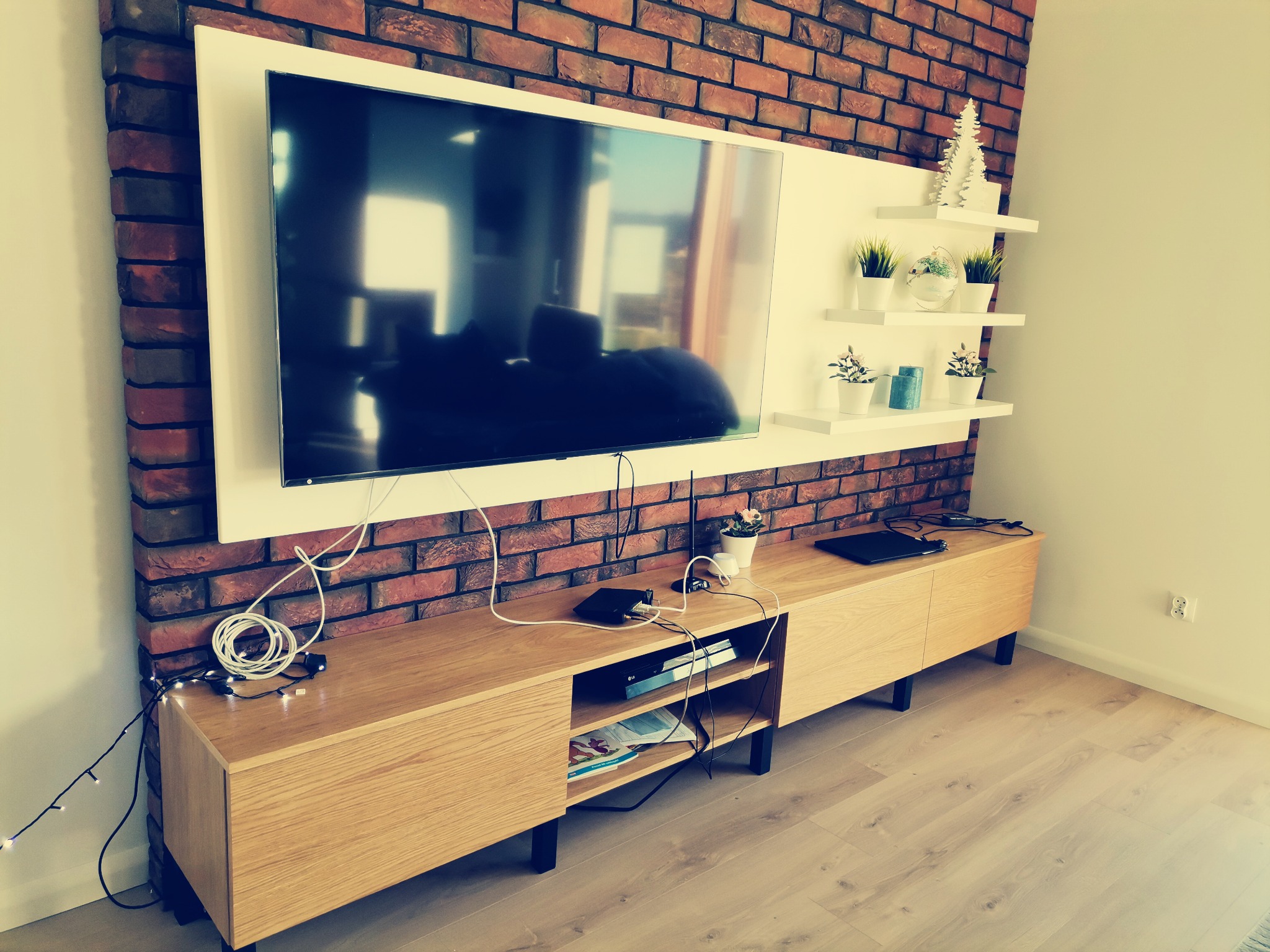 Telewizor na ścianie z cegły, szafka RTV z jasnego drewna z dekoracjami i kablami, małe półki z roślinami doniczkowymi.