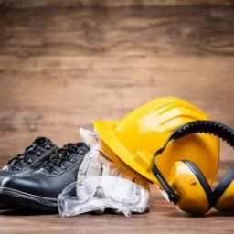 Komplet ochronny BHP na drewnianym blacie: buty robocze, kask, okulary, rękawice i nauszniki, przygotowany do użycia.