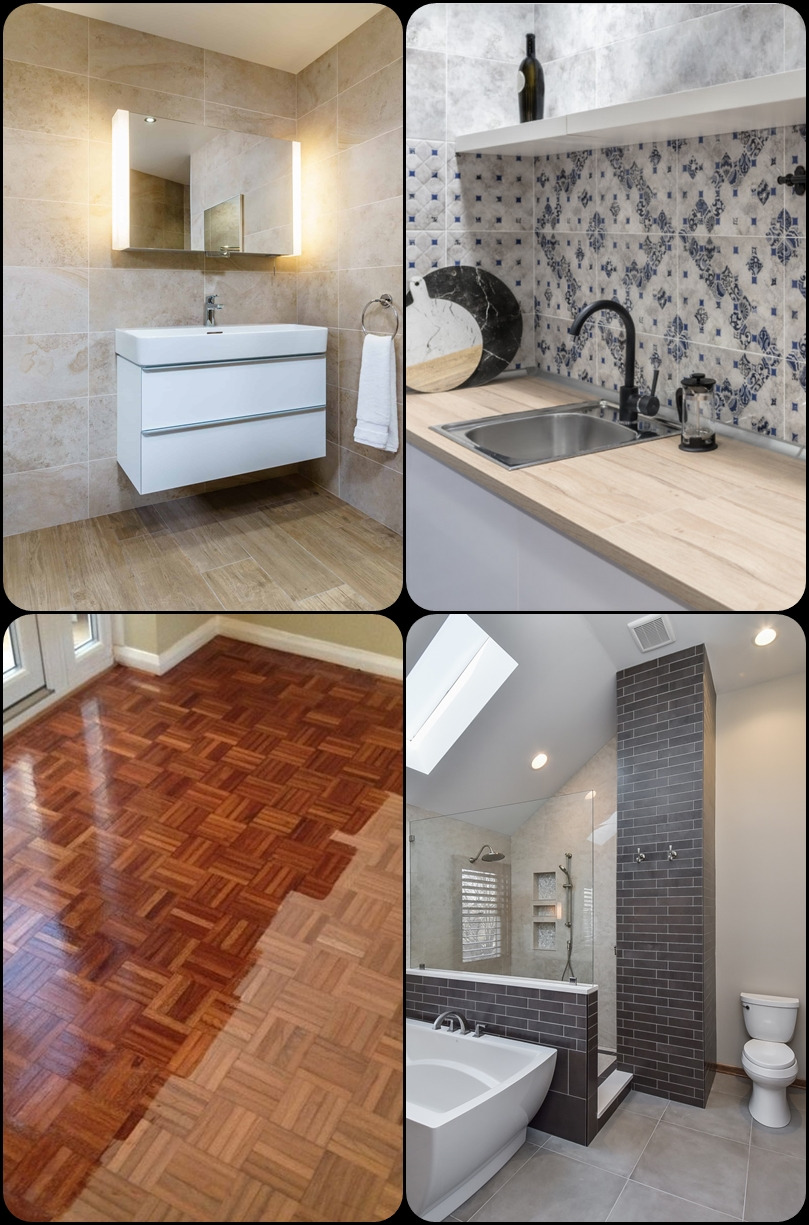Mozaika czterech zdjęć łazienek: nowoczesna umywalka z podświetlanym lustrem na beżowych płytkach, zlewozmywak z dekoracyjnymi płytkami i drewnianym blatem, parkiet w trakcie lakierowania, wanna...