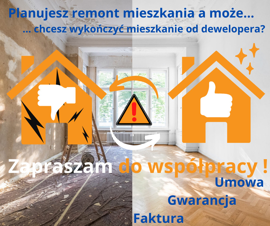 Porównanie stanu mieszkania przed i po remoncie: po lewej zniszczone ściany i podłoga zabezpieczona folią, po prawej odnowione wnętrze z parkietem i białymi ścianami, graficzne ikony domu...