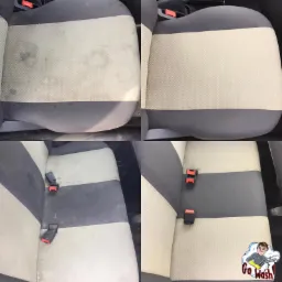Czyszczenie tapicerki samochodowej w Mrągowie: zestawienie przed i po na fotelu z szaro-beżowymi pasami, widoczne wyraźne różnice w czystości.