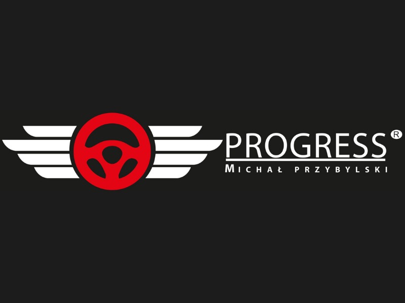 Logo firmy Progress Michała Przybylskiego z czerwonym kierownicą z białymi skrzydłami na czarnym tle.