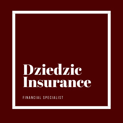 Logo firmy Diedzic Insurance, specjalizującej się w finansach, na bordowym tle w białej ramce.