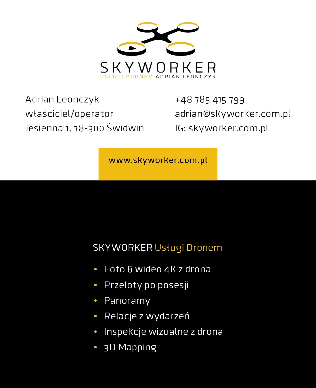 Logo firmy Skywalker Usługi Dronem z adresem, numerem telefonu i ofertą usług: foto i wideo 4K z drona, przeloty po posesji, panoramy, relacje z wydarzeń, inspekcje wizualne z drona, 3D Mapping.
