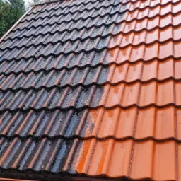 Częściowo wyczyszczony dach z czerwonej dachówki, widoczna różnica między brudną, ciemną częścią a czystą, jasną częścią, na dole fragment ściany budynku.