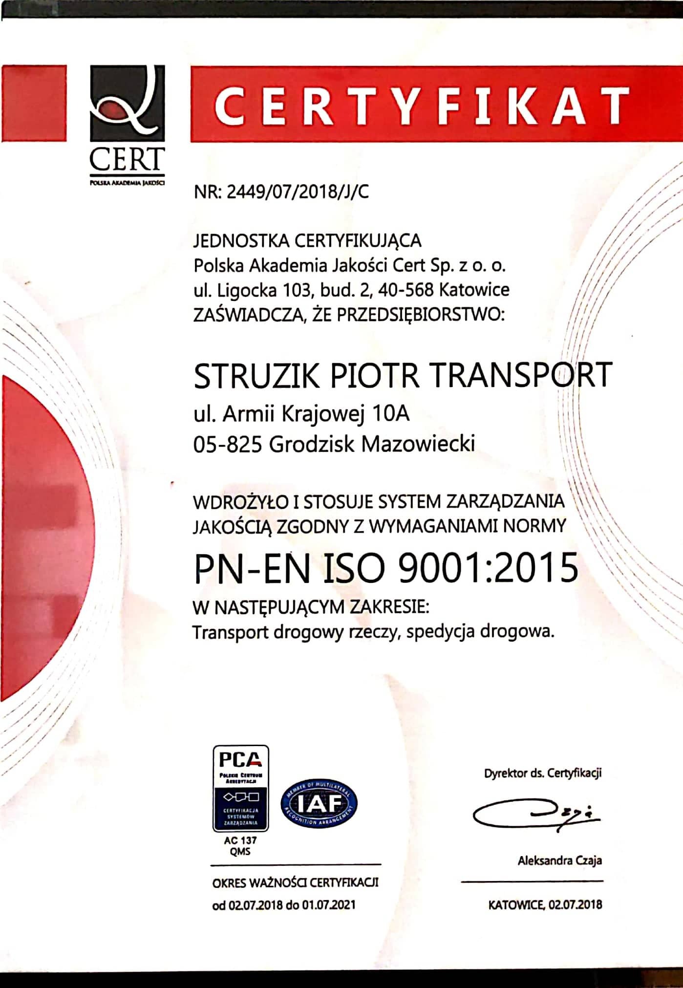 certyfikat ISA 9001:2015