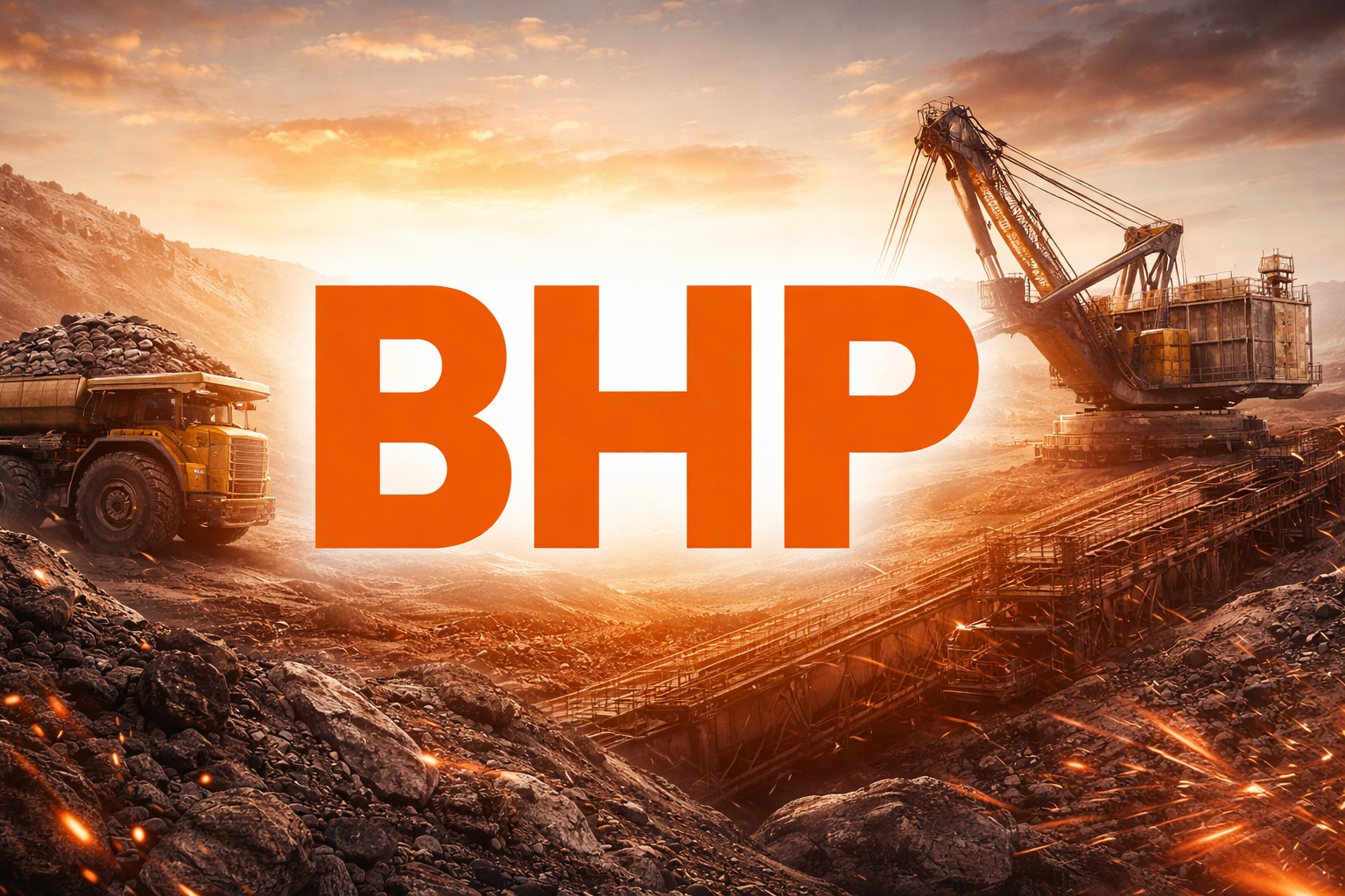 Kopalnia odkrywkowa z koparką i ciężarówką wypełnioną urobkiem na tle zachodzącego słońca. Na pierwszym planie pomarańczowy napis BHP.