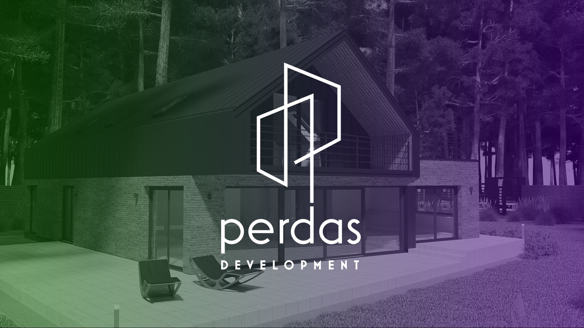 Wizualizacja domu z cegły z ciemnym dachem na tle lasu, z logo firmy deweloperskiej. Na tarasie dwa nowoczesne fotele bujane.