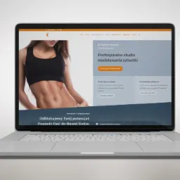 Laptop wyświetla stronę internetową studia modelowania sylwetki z wizerunkiem kobiety o wyrzeźbionym brzuchu, widoczne menu nawigacyjne i przyciski akcji.