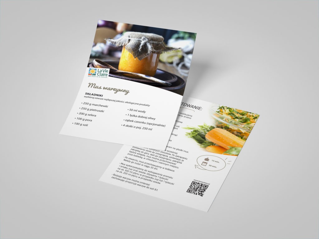 Ulotka reklamowa z przepisem na mus warzywny, prezentująca słoik z musem, listę składników i instrukcję przygotowania, opatrzona logo 'La Vie Claire'.