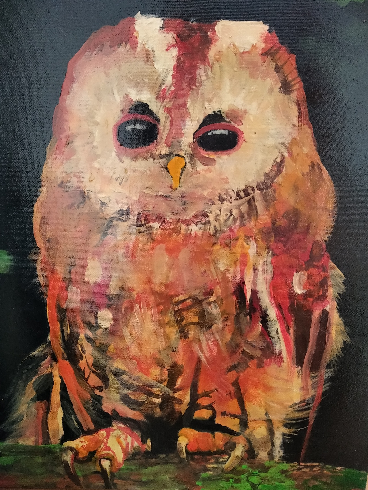 Akrylowy portret sowy na czarnym tle, z widocznymi pociągnięciami pędzla w odcieniach brązu, pomarańczy i bieli, zamalowane boki płótna.