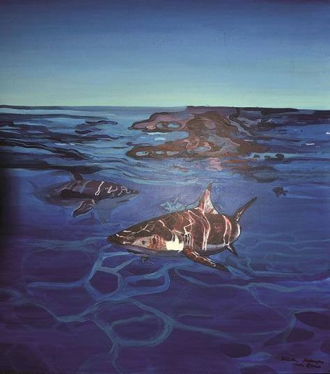 Obraz przedstawia dwa rekiny pływające w głębokim, błękitnym oceanie; w tle widoczny zarys lądu pod ciemnym niebem, stylizowany na malarstwo olejne z widocznymi pociągnięciami pędzla.