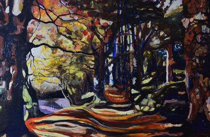 Pejzaż leśny w ciepłych barwach, namalowany ekspresyjnymi pociągnięciami pędzla, z wyraźnym kontrastem światła i cienia.