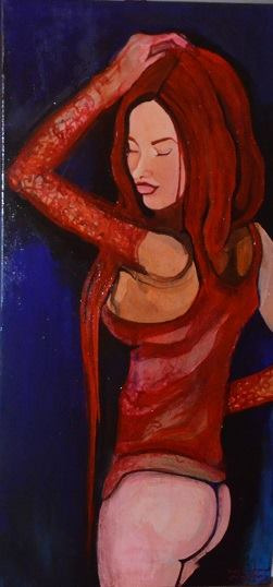 Portret kobiety w czerwonej sukience, namalowany na płótnie w stylu ekspresjonistycznym, z ciemnoniebieskim tłem.