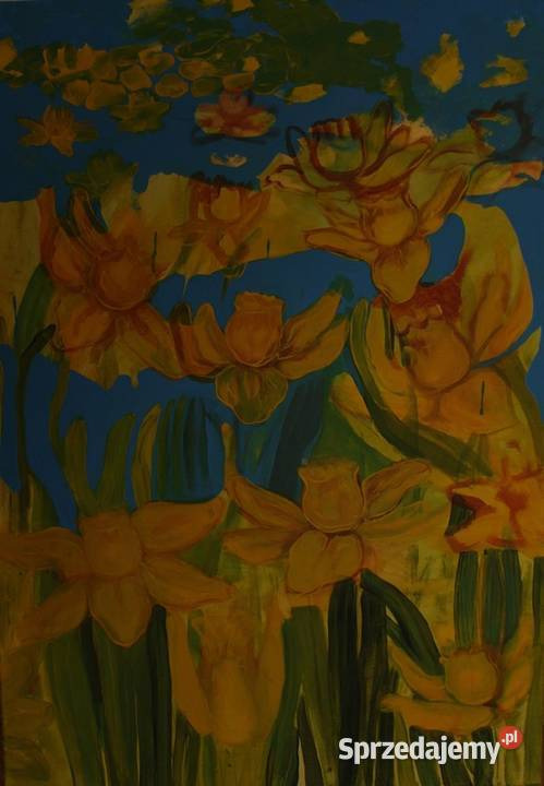 Obraz olejny przedstawiający żółte narcyzy na tle błękitnego nieba z refleksami zieleni, widoczne pociągnięcia pędzla tworzące ekspresyjny styl.
