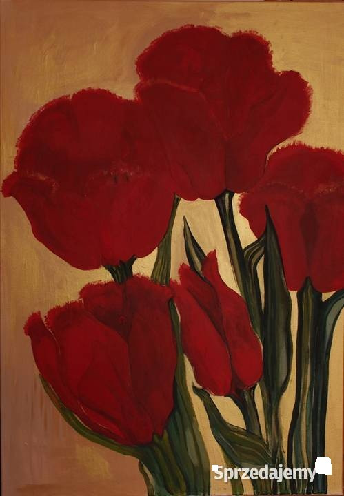 Obraz olejny przedstawiający bukiet czerwonych tulipanów na złotym tle, widoczne pociągnięcia pędzla dodają faktury.
