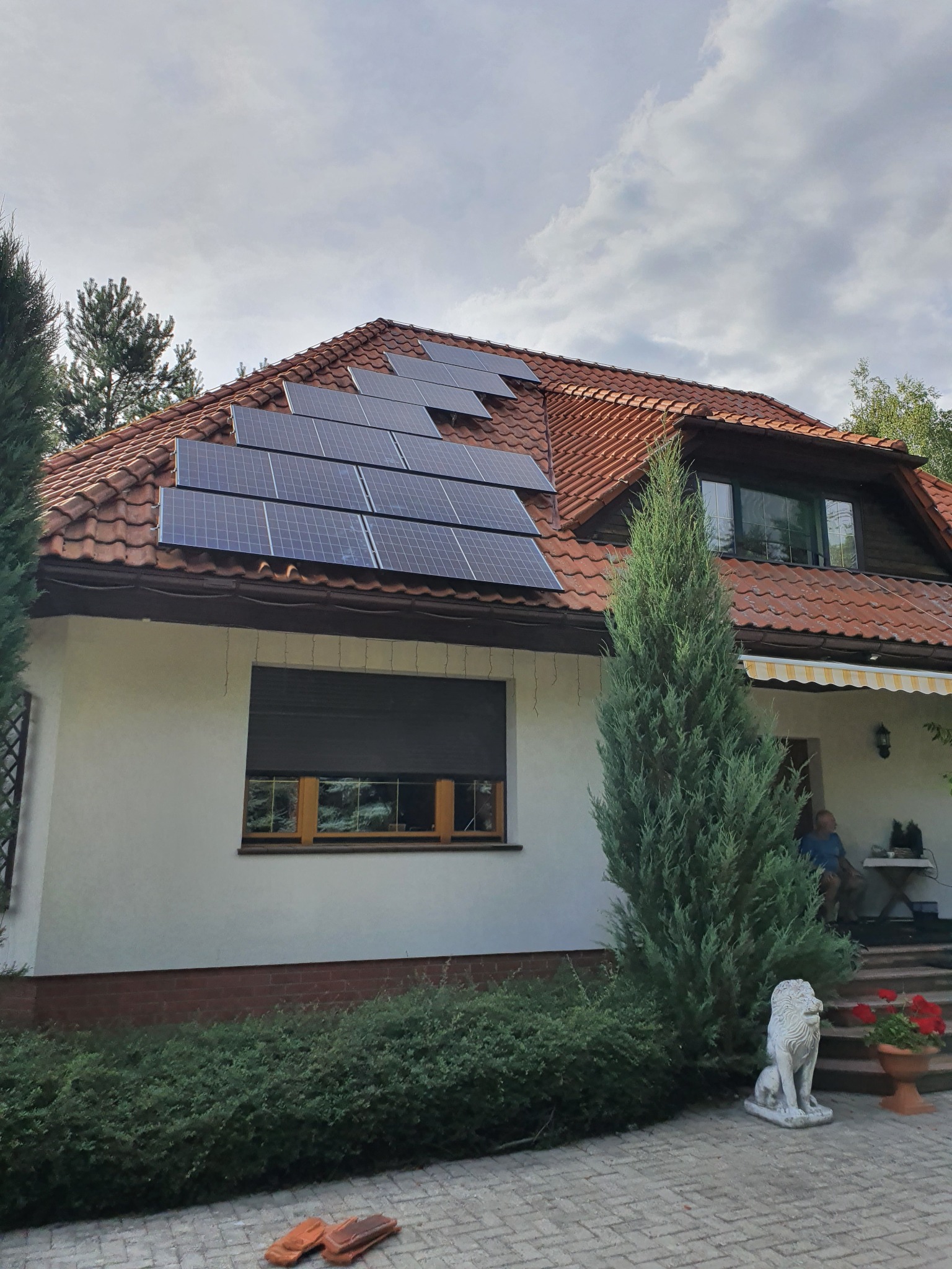 Instalacja paneli słonecznych na dachu domu jednorodzinnego w Szczecinie, widok z dołu, obok domu rosną iglaki i stoi dekoracyjna figura lwa.