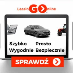 Ekran laptopa z wyświetlonymi ikonami: smartfon, laptop, samochód osobowy, traktor oraz napisami: Szybko, Prosto, Wygodnie, Bezpiecznie. U góry logo LeasingGO online. Na dole pomarańczowy przycisk...