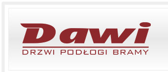 Logo firmy DAWI w kolorze bordowym, oferującej drzwi, podłogi i bramy, na białym tle.