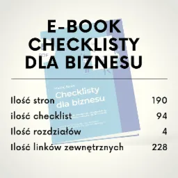 Okładka e-booka 'Checklisty dla biznesu' autorstwa Macieja Sasina, prezentująca liczbę stron (190), checklist (94), rozdziałów (4) i linków zewnętrznych (228).