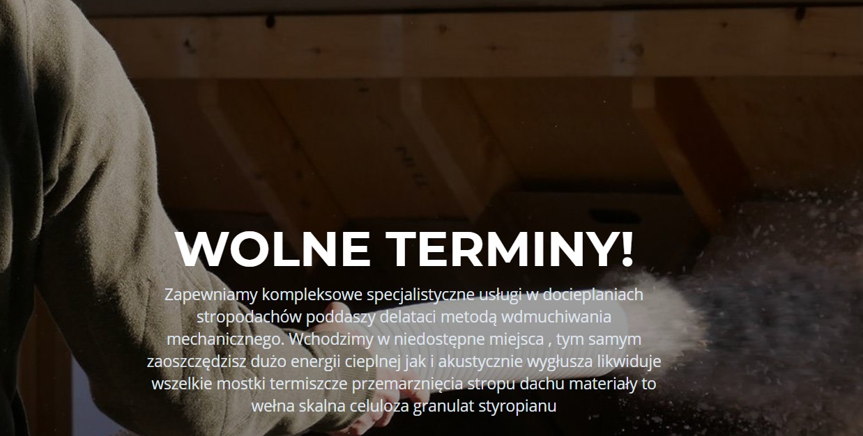 Zdjęcie z tekstem reklamowym 'WOLNE TERMINY!' oraz opisem usługi docieplania stropodachów metodą wdmuchiwania, z widocznym fragmentem konstrukcji dachu i materiałem izolacyjnym w powietrzu.