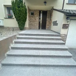 Granitowe schody prowadzące do wejścia do domu z ciemnymi drzwiami, obok skrzynka pocztowa z numerem 65 i tuja przy ścianie.