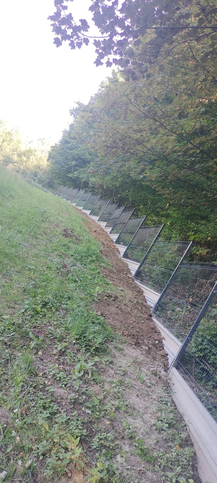 Ukośne ujęcie metalowego ogrodzenia panelowego na zboczu, z widocznym gruntem i zielenią w tle.