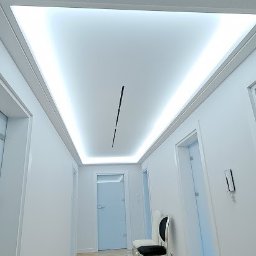 INEL-TEL Grzegorz Libera - Nowoczesny korytarz z białymi ścianami i podświetlanym sufitem. Dwa krzesła w stylu glamour dodają elegancji. Minimalistyczny design z drewnianą podłogą.