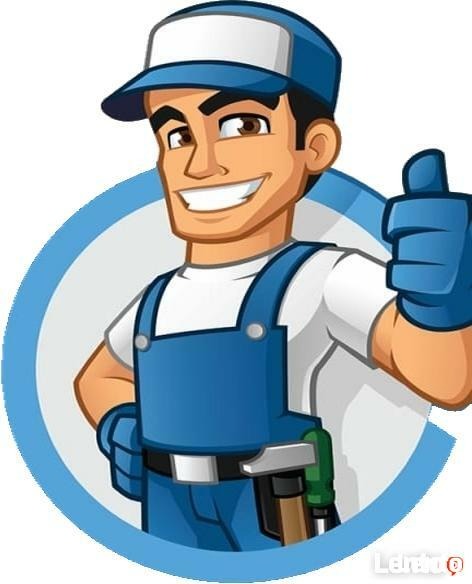 Karykaturalny hydraulik w niebieskim kombinezonie z narzędziem za paskiem, uśmiechnięty i pokazujący kciuk w górę na tle błękitnego okręgu.