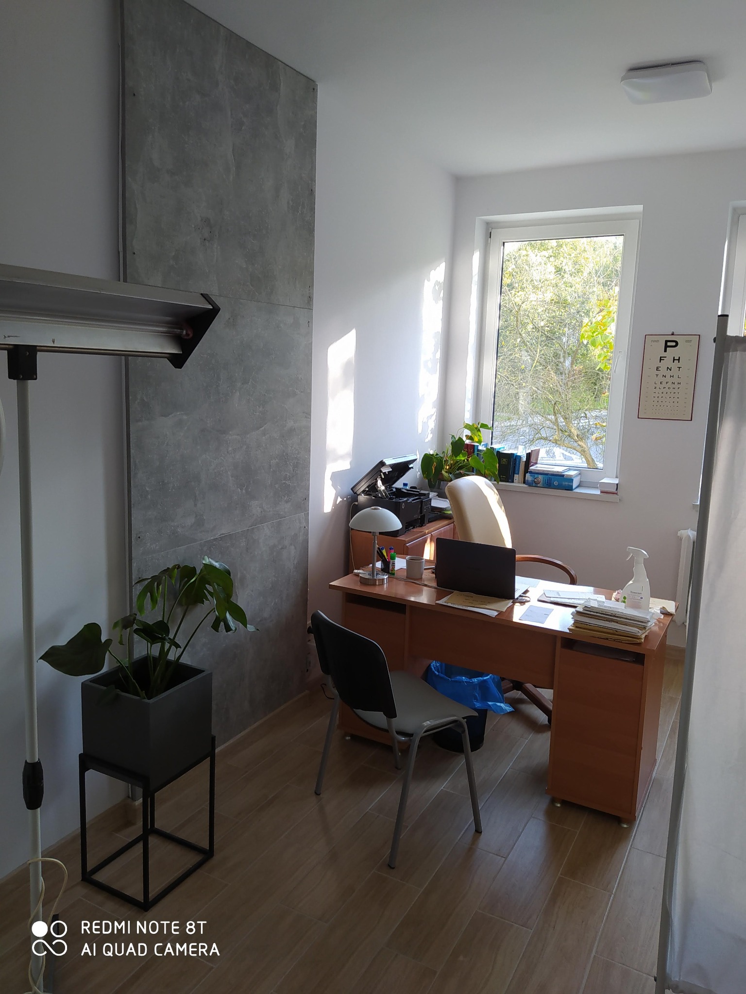 Biuro lekarskie z panelami imitującymi beton na ścianie, biurkiem z laptopem i roślinami doniczkowymi, widok na drzewa za oknem.