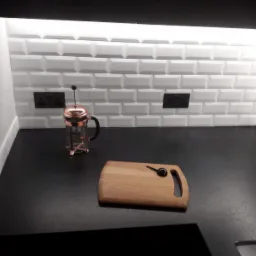 Białe, kafelkowe płytki metra z czarną fugą i czarnymi gniazdkami elektrycznymi nad czarnym blatem kuchennym, na którym leży drewniana deska do krojenia z czarną łyżeczką i miedziany zaparzacz...