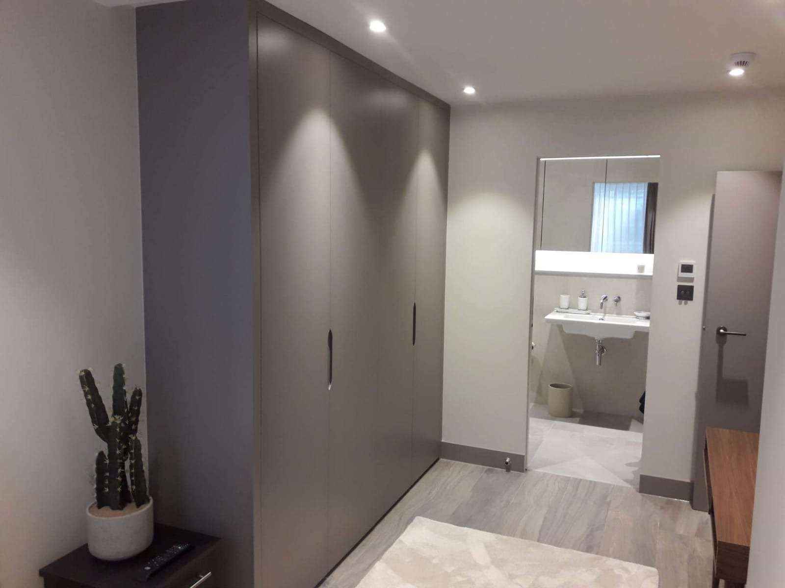Jasnoszara zabudowa szafy wnękowej z minimalistycznymi uchwytami, widok na łazienkę w Wołowie z umywalką i lustrem, uzupełnione kaktusem w doniczce.