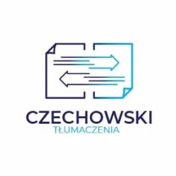 Logo firmy tłumaczeniowej: dwie kartki z przeciwstawnymi strzałkami (niebiesko-granatowymi), poniżej nazwa firmy 'CZECHOWSKI' granatowym fontem i dopisek 'TŁUMACZENIA' niebieskim fontem.