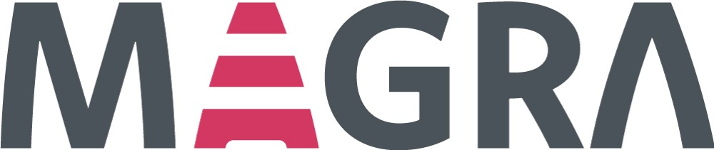 Szare logo firmy MAGRA z elementem w kolorze malinowym przypominającym fragment kserokopiarki lub drukarki