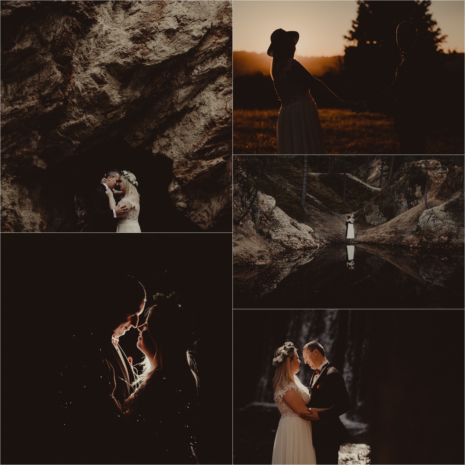 Kolaż z ujęciami pary młodej w sukni ślubnej i garniturze, obejmujący ujęcia w jaskini, nad jeziorem z odbiciem i w zachodzącym słońcu.